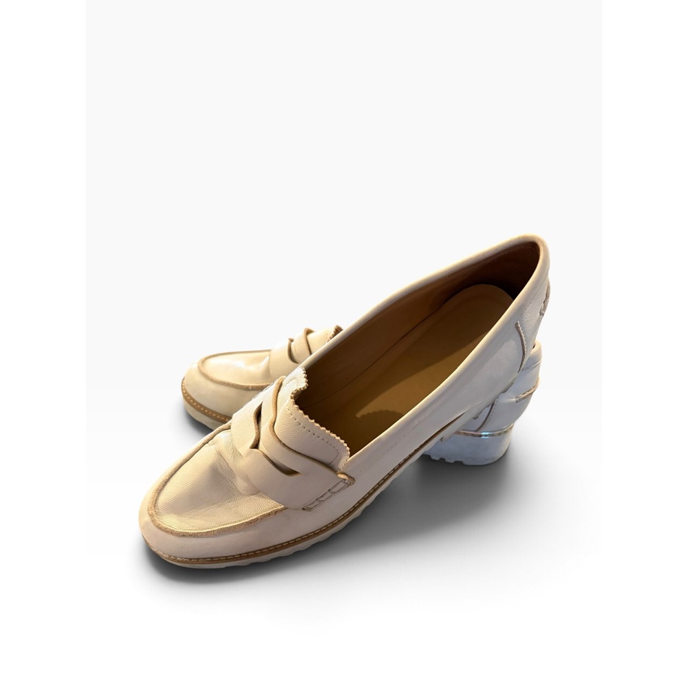 Franco Sarto Womens Cream Leather Penny Loafers Lug Sole Shoes Size 10